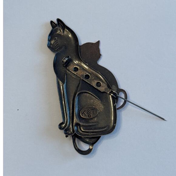 Trio Cat Brooch Pin Feline Silver Gold Copper Tone Vintage Estate K&T Signed - Picture 5 of 7